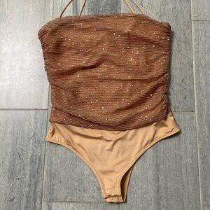 Sleeveless Sparkle Ruched Bodysuit in Copper Tan